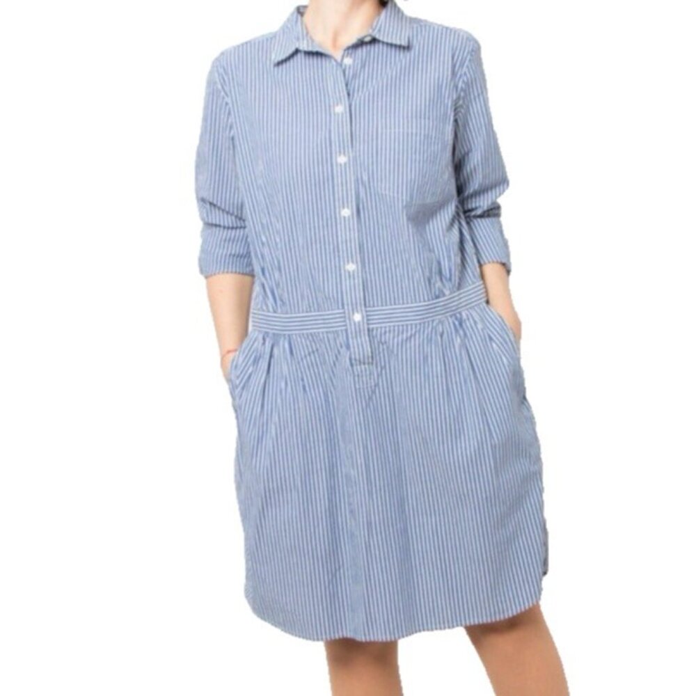 Banana Republic Shirt Dress 8 Blue White Pinstripe Cotton Long Sleeve Washable
